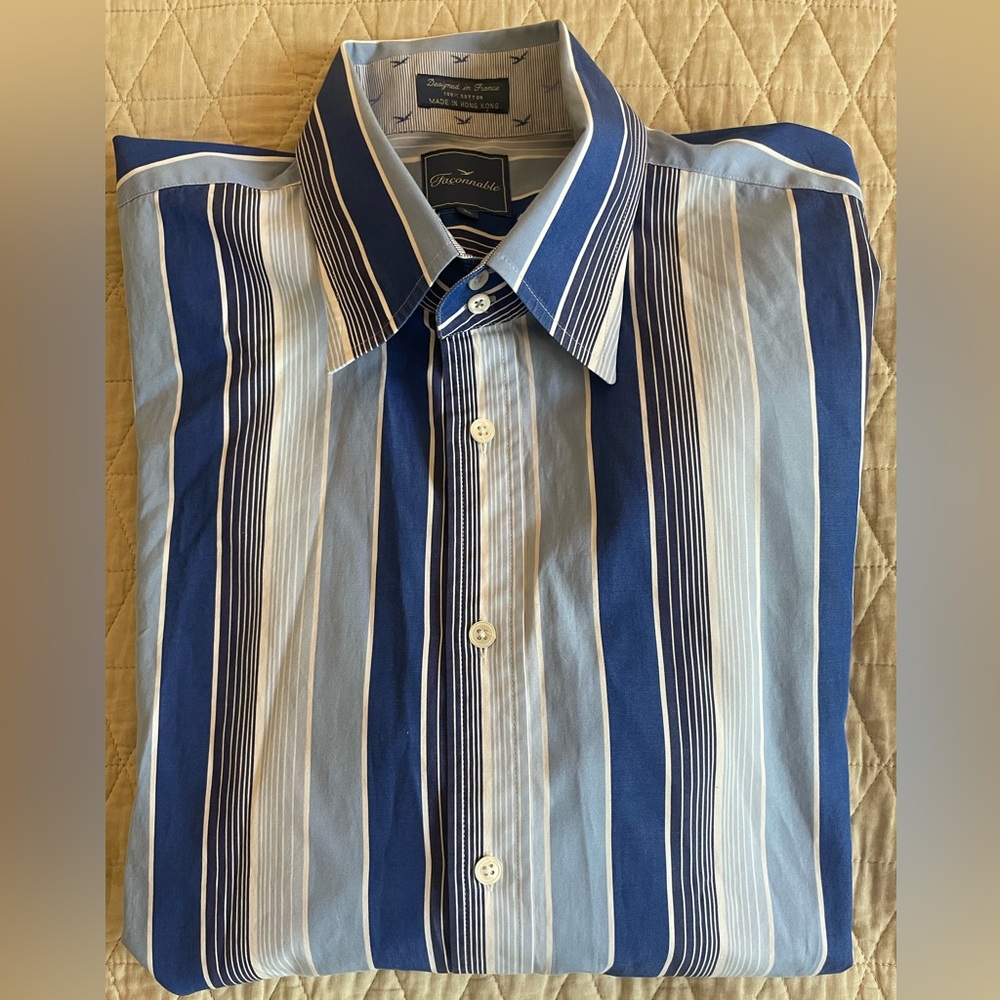 Faconnable Vintage Bold Stripe French Cuff Shirt in Blue‎ (Multi) Size XL